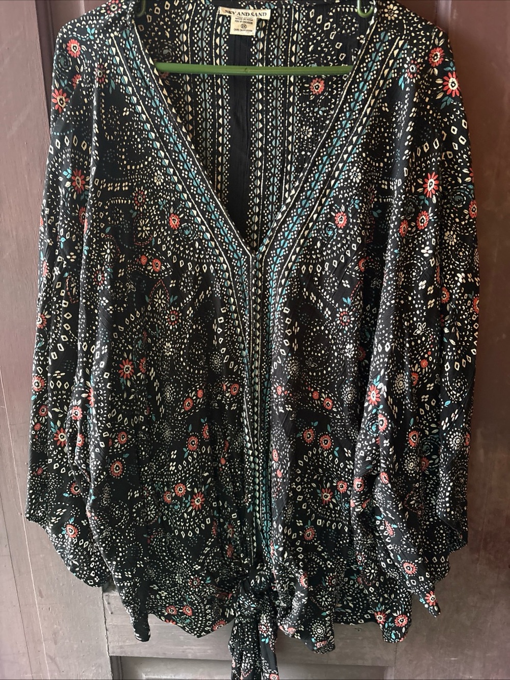 Boho Black Floral-Print V-Neck Tie-Hem Tunic - Picture 1 of 5